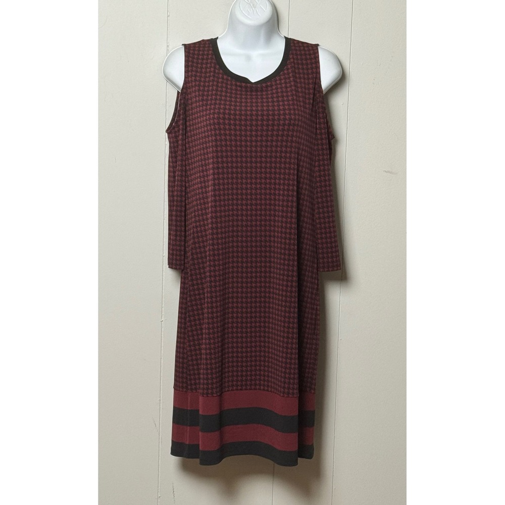 Michael Kors Women's Burgundy Houndstooth Cold Shoulder Dress Size Medium - Picture 2 of 10